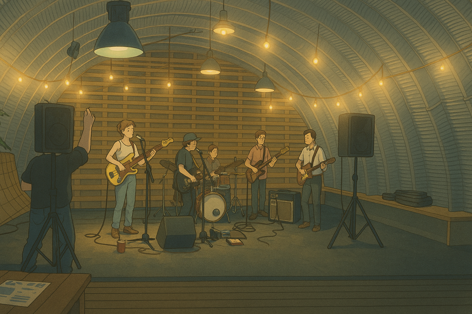 a picture of the band playing for btcppdev guitar, lead singer with electric guitar, in an air shed playing live music